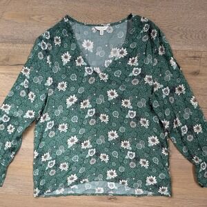 Lucky Brand Blouse Women's L Green Floral  Balloon Tie Sleeves Boho Fairy Y2K